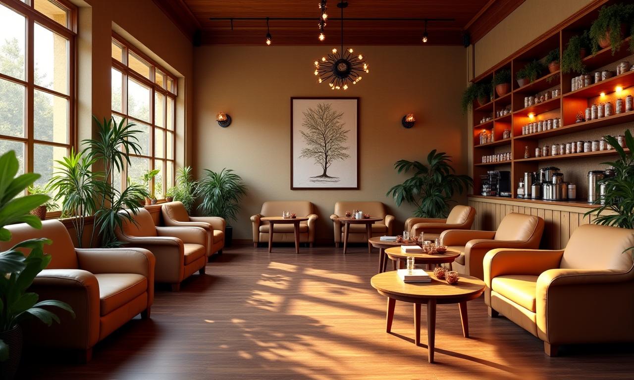 Cozy interior of Cardamom Cafe with warm lighting and rustic decor.