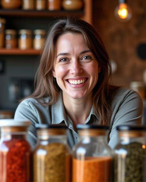 Owner of Cardamom Cafe smiling, surrounded by jars of colorful spices.