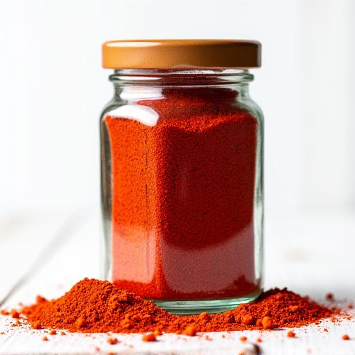 A glass jar filled with vibrant smoked Spanish paprika.